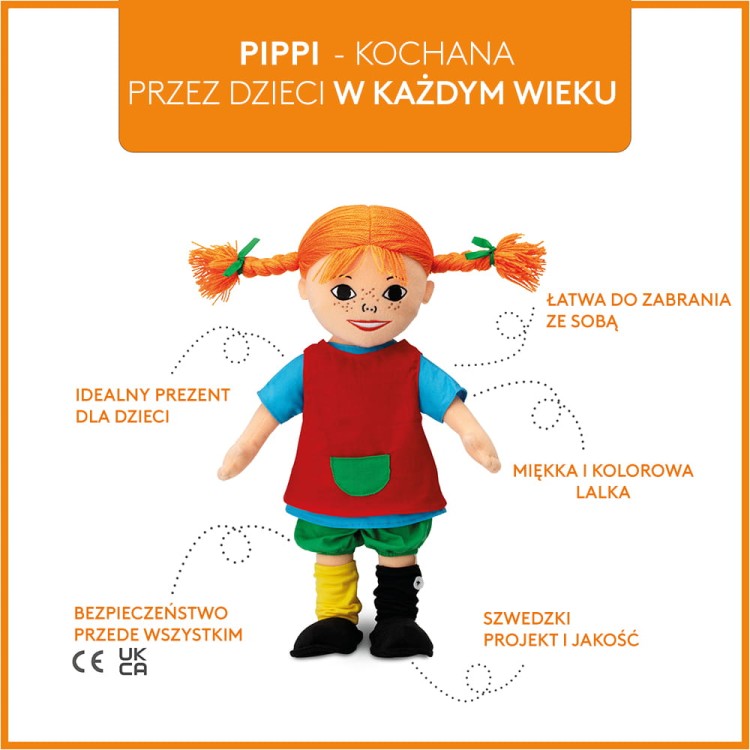 Miękka lalka Pippi Langstrumpf 30 cm, przytulanka, zabawka dla dzieci
