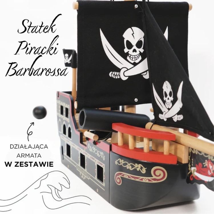 Drewniany statek piracki Barbarossa, zabawa lalkami, dla dzieci, Le Toy Van