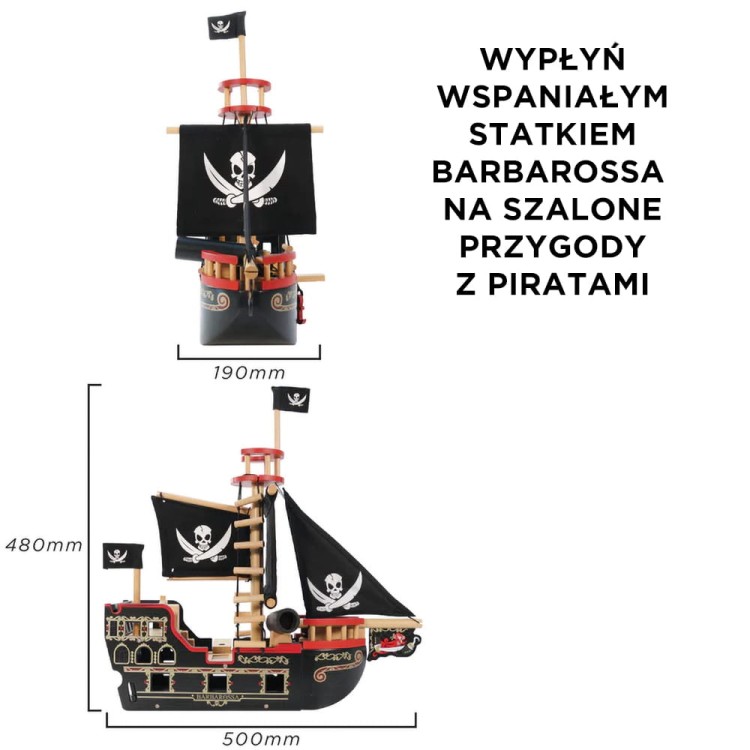 Drewniany statek piracki Barbarossa, zabawa lalkami, dla dzieci, Le Toy Van