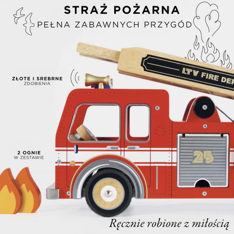 Drewniany wóz strażacki, straż pożarna, zabawka dla dzieci, auto Le Toy Van