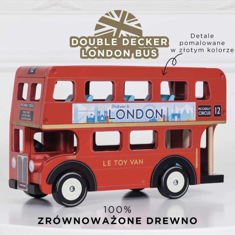 Drewniany piętrowy autobus, Londyn, zabawka dla dzieci, pojazd, Le Toy Van